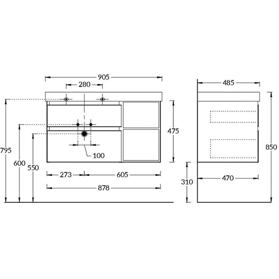 Тумба Cubo 90  CU.90Rh/LIM,правая с раковиной CU.wb.90Rh  Cubo90,лимо матовый