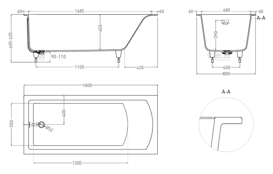 Ванна встраиваемая Salini Cascata Kit, S-Sense, 1805x800x625, белая матовая, 104513M