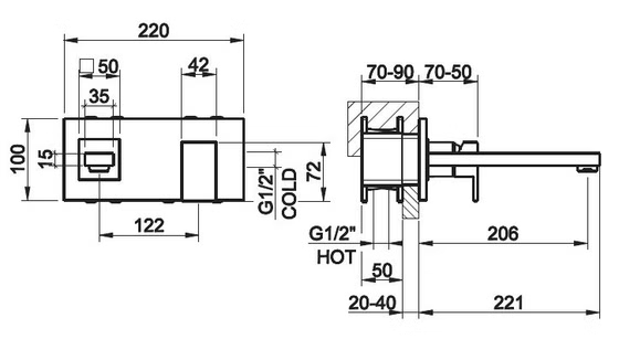 44836 031 Смеситель Rettangolo д/раковины из стены,наружная часть,  хром