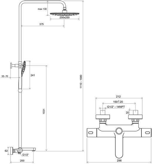 X070163 Душевая стойка Termo 300 хром, с термостатом, изливом