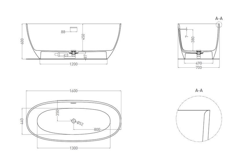 Ванна отдельностоящая Salini Alda Nuova, Solix,1600х700х580 мм, белая матовая, 101924M