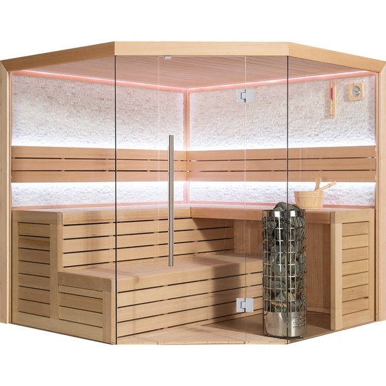Сауна 1601 Hemlock (200х200х210) каменная печь 9kW, дерево,LED подсветка,стекло 8мм